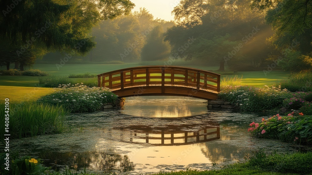 Fototapeta premium Serene Wooden Footbridge Over Calm Water at Sunrise