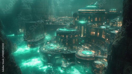 A submerged futuristic city with glowing turquoise waters.