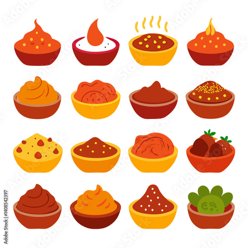 Colorful bowls of various dips and spreads illustration
