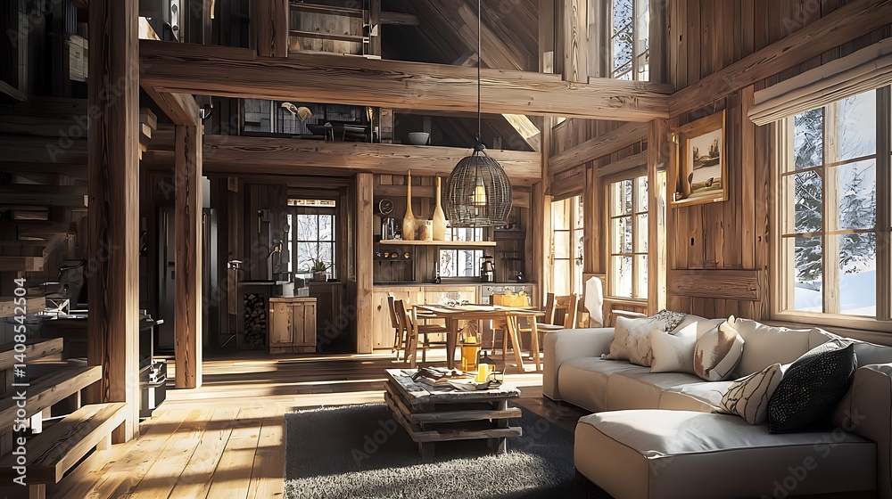 Naklejka premium Cozy Rustic Living Room with Wooden Decor and Natural Light