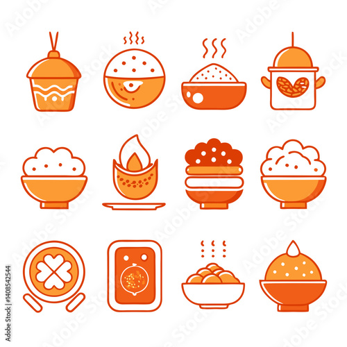 Orange food icons representing diverse Asian culinary dishes