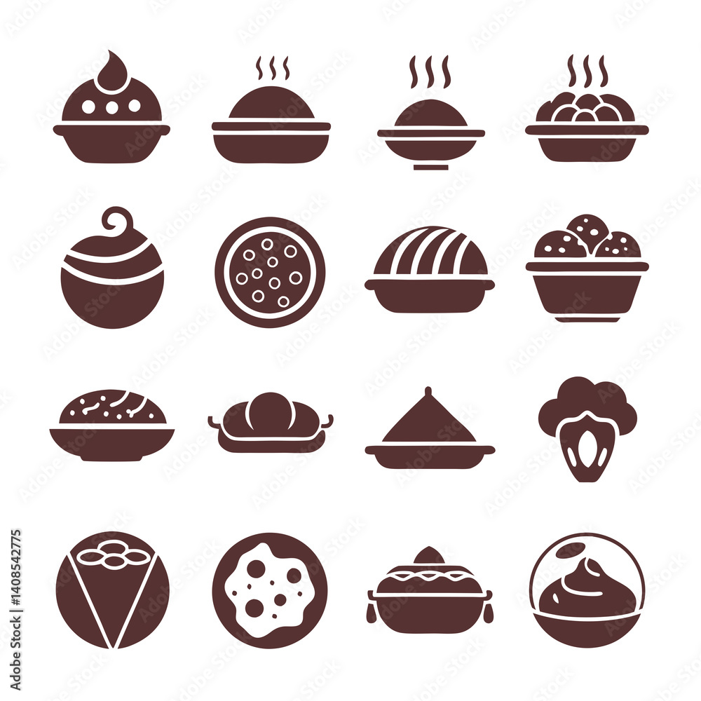 Culinary Dishware Icons Set: Food and Dessert Varieties Culinary Dishware Icons Set: Food and Dessert Varieties