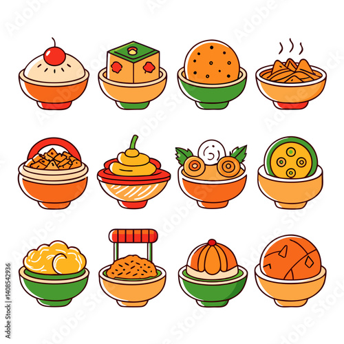 Colorful Collection of Global Dessert Bowls Vector Illustration