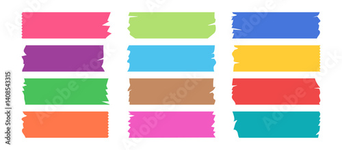 Tape adhesive, masking paper, cute sticker torn, strip rip, doodle color piece scrapbook, decoration tape isolated on white background. Cut path stick, glue ribbon collage. Vector illustration