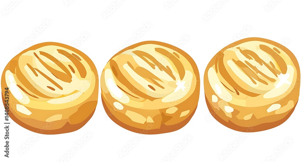 Delicious Round Baked Biscuits on White Background with Glossy Finish Delicious Round Baked Biscuits on White Background with Glossy Finish