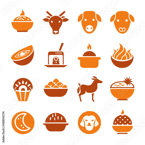 Orange Icon Set of Animals and Assorted Foods