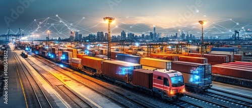 Modern freight train in a global shipping hub at night.