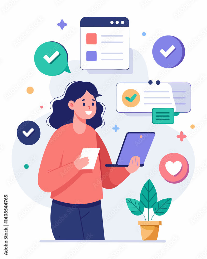A student conducting user research for their interactive mental health app conducting interviews and surveys to ensure it meets the needs of the target audience.. Vector illustration