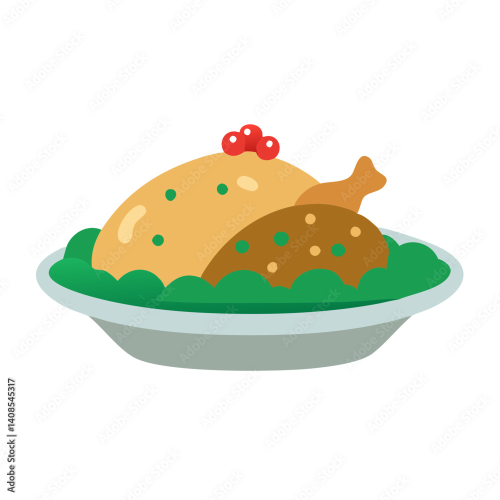 Festive Whole Roasted Chicken Cartoon Illustration on a Plate Festive Whole Roasted Chicken Cartoon Illustration on a Plate