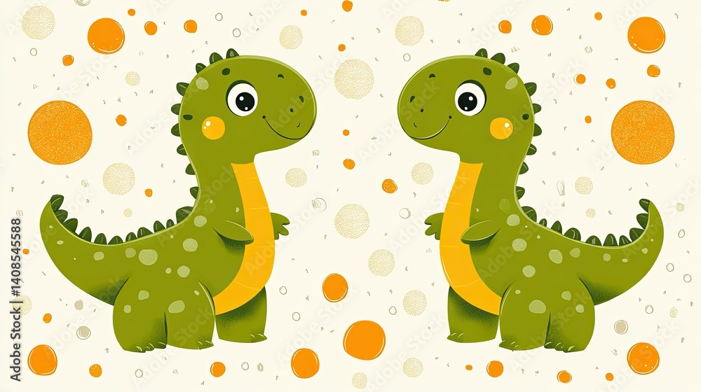 Fototapeta premium Two adorable cartoon dinosaurs stand facing each other.