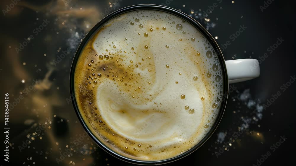 Cappuccino with foam creates a swirling pattern in six identical cups, resting on a dark surface sprinkled with white powder, possibly sugar