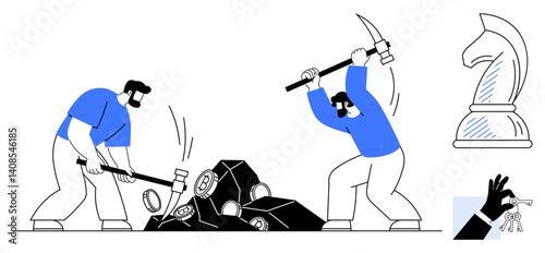 Two individuals breaking rocks with tools to uncover gems, chess piece symbolizing strategy, hand holding key for success. Ideal for teamwork, planning, leadership, strategy, problem-solving