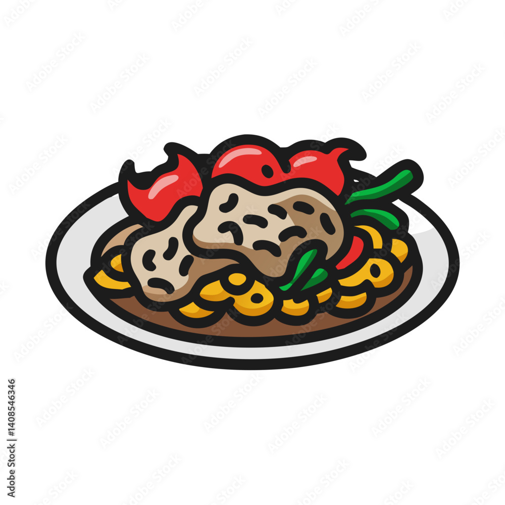 Illustration of Food, Plate, Noodles, Meat, Peppers, and Tomatoes Illustration of Food, Plate, Noodles, Meat, Peppers, and Tomatoes