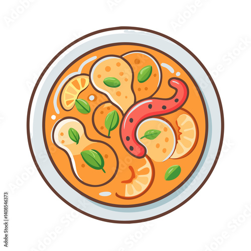 Delicious Tom Yum Soup bowl with shrimps and basil