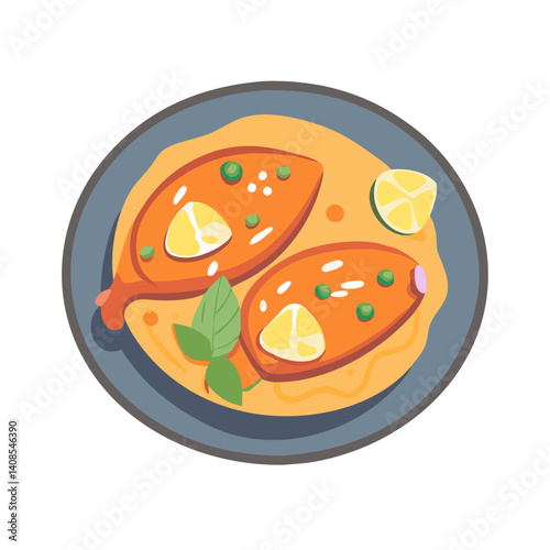 Vector Illustration: Fish with Lemon and Vegetables in Broth