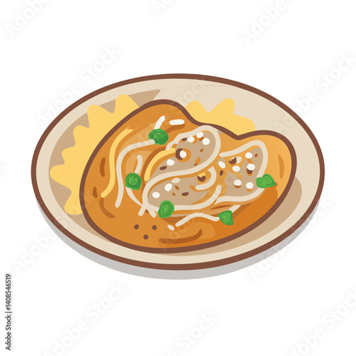 Vector illustration of a noodle dish with green garnish