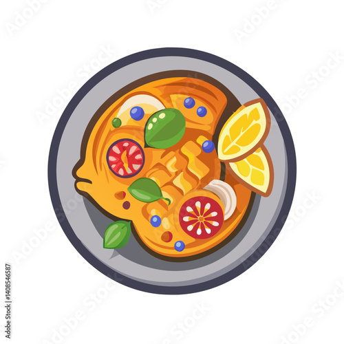 Fish Shaped Dish of Stew with Berries and Citrus
