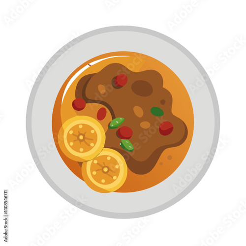 Cartoon illustration of Asian curry soup with toppings
