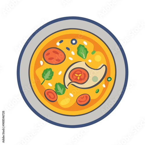 Illustration of hearty, colorful soup on a plate