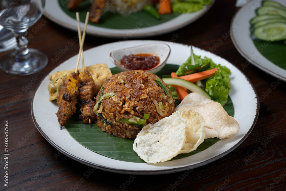 Indonesian Fried Rice with Satay, Fried Egg, and Fresh Vegetables on Banana Leaf Indonesian Fried Rice with Satay, Fried Egg, and Fresh Vegetables on Banana Leaf
