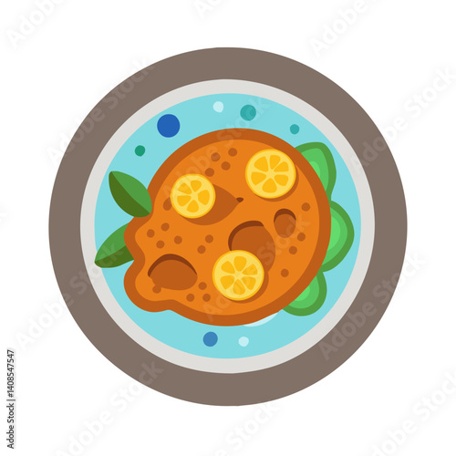 Cartoon fish with lemons and garnish in blue broth