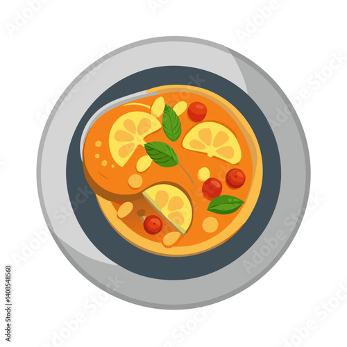 Delicious Tom Yum Soup Plate Illustration with Lemon