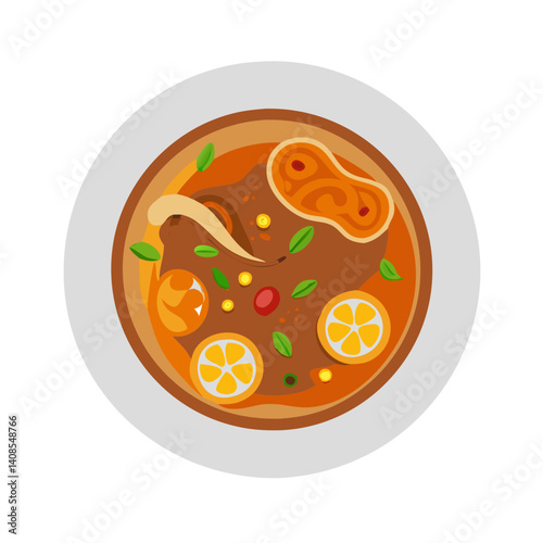 Delicious Tom Yum soup bowl illustration on white plate