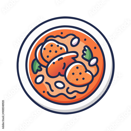 Illustration of a Bowl of Seafood Soup with Herbs