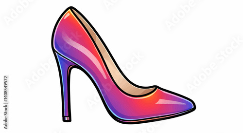 A single, high-heeled woman's pump, rendered in a bold, black outline filled with glossy, vibrant primary and secondary colors, features a pointed toe and a relatively high, thin heel. Vector 