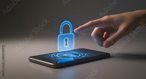 Finger touching digital padlock icon, representing cybersecurity and data protection