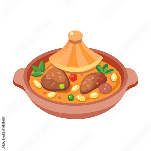 Stylized Cartoon Moroccan Tagine Dish on Black Background