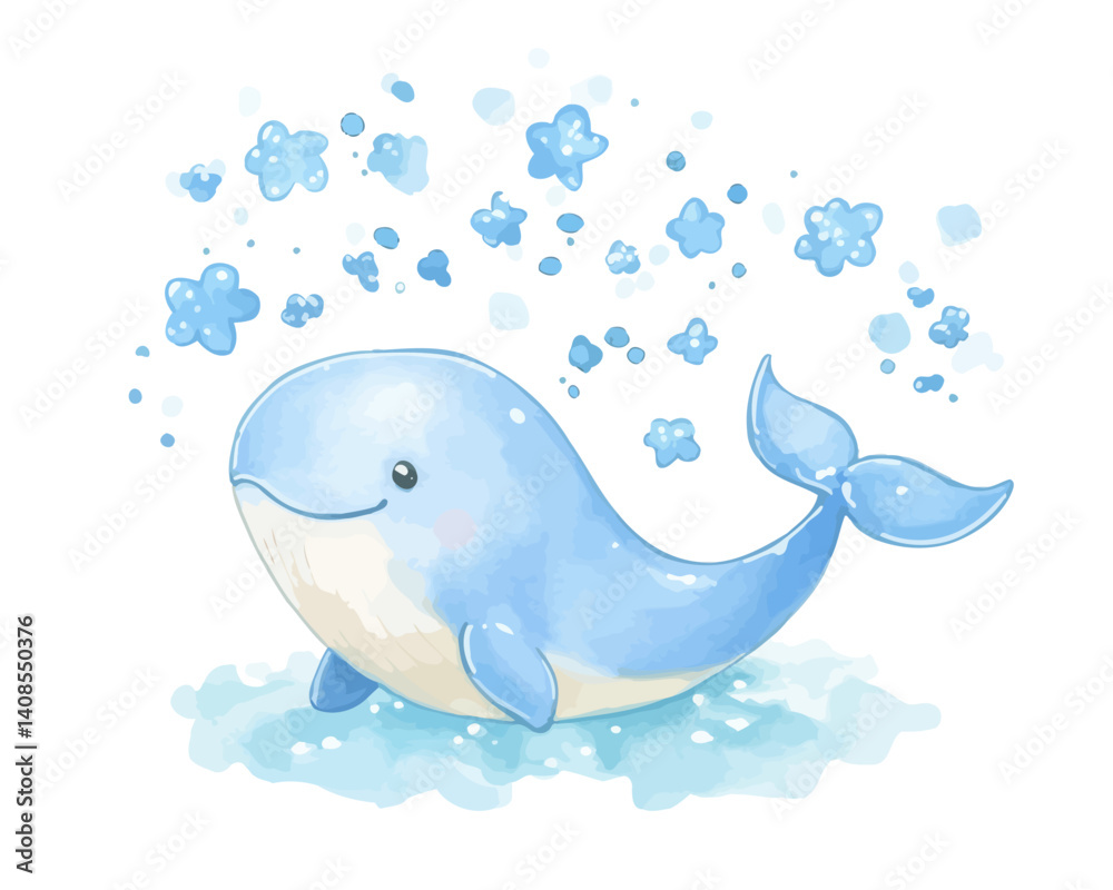 Naklejka premium A cute whale surrounded by stars is depicted in a children's watercolor illustration, presented as isolated clipart with a smooth edge on a transparent background