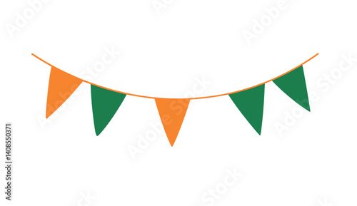 A modern flat icon of St. Patrick's Day featuring a garland of triangular paper flags in Ireland's colors, including green, white, and orange, in a retro vintage style on a transparent white