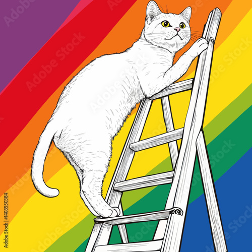 A vibrant template design for International Color Day is available, featuring a whimsical cat cleaning a rainbow on a transparent background, ideal for Pride Month and suitable for modern