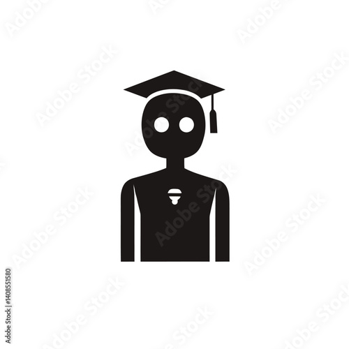 A contemporary depiction of a robotic graduation symbol is presented in a dark hue with a transparent backdrop in PNG format