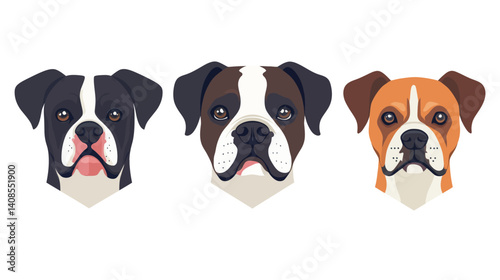 The cartoon set features a quirky and colorful flat illustration style, showcasing a collection of cute doggy pet faces for dogs of all kinds, along with various domestic pets