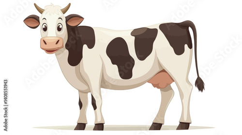 Eid al Adha Mubarak is represented by a happy cute cow cartoon with a simple design and flat color blocks on a white background