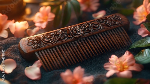Elaborate Wood Comb with Floral Accents and Aesthetic Flower Arrangement