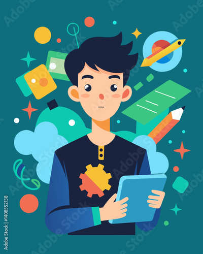 A teen artist using their creative skills to turn raw data into visually appealing and thoughtprovoking pieces of digital art.. Vector illustration