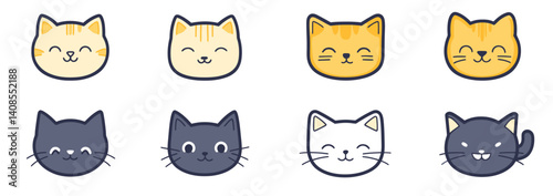 A colorful cartoon set featuring cats is presented in a flat illustration style, including a collection of cute kittens and various domestic cats
