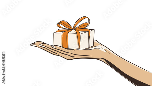 A hand is shown holding a gift box wrapped with a red ribbon bow, symbolizing a birthday or Valentine's Day present, set against a transparent background with a colored outline in a modern,