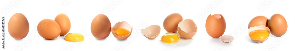 Group of raw chicken eggs on white background