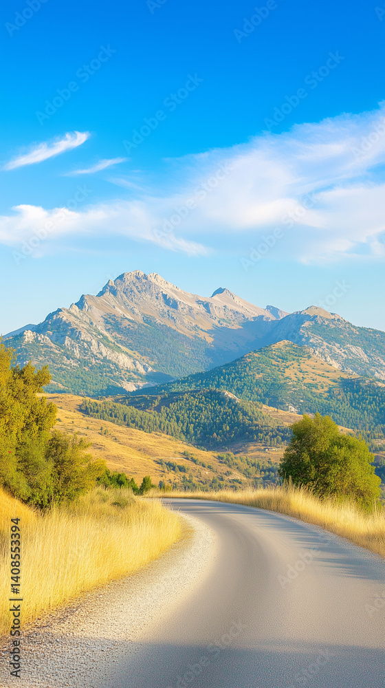 Naklejka premium Serene mountain road winding through lush green hills under a blue sky 