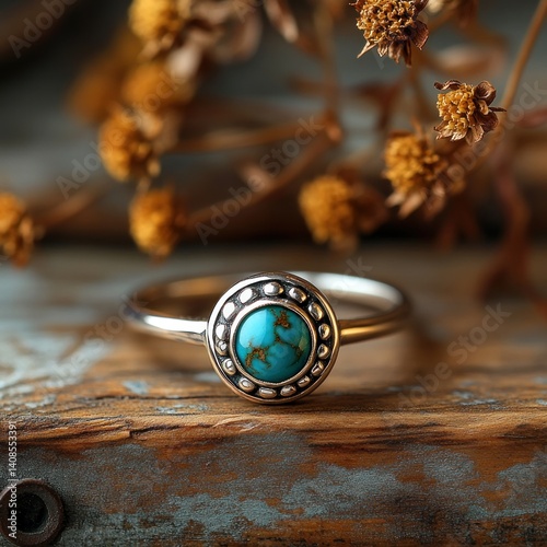 Elegant Turquoise Ring on Distressed Wood Surface with Floral Accent