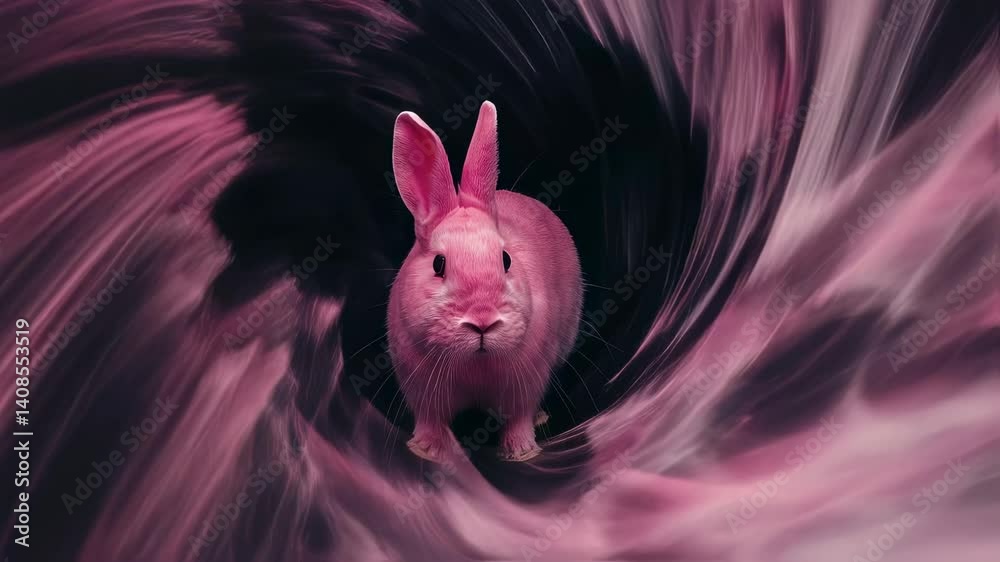 Surreal pink rabbit diving into swirling vortex of black and pink, symbolizing transformative journey through mysterious portal of imagination and subconscious exploration