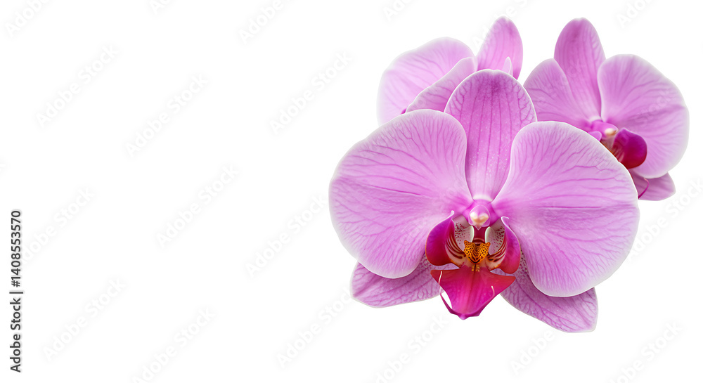 Graceful pink orchid blooms, showcasing nature's intricate floral design and delicate petals against a pristine white backdrop. Graceful pink orchid blooms, showcasing nature's intricate floral design and delicate petals against a pristine white backdrop.