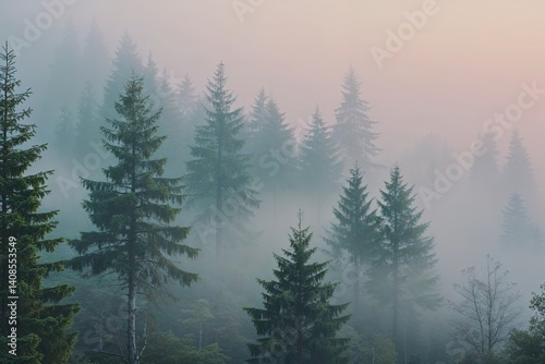 Surreal Hemlock Forest Shrouded in Mist with Soft Horizon Glow