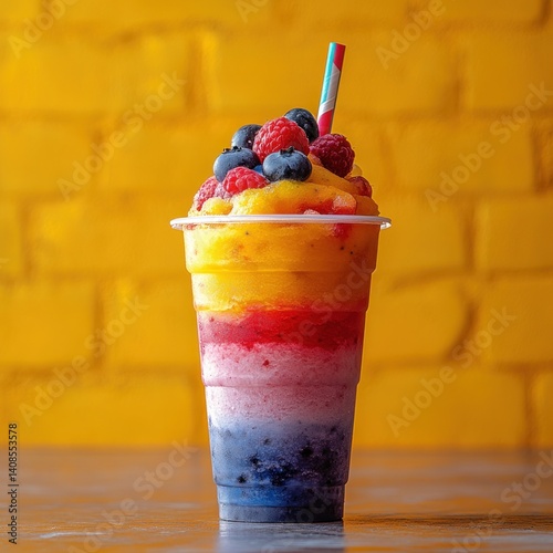 A Colorful layered fruit smoothie topped with fresh berries served in tall glass