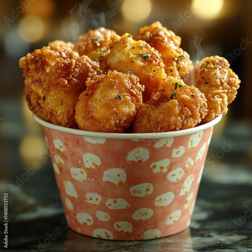 Golden fried chicken bites in a whimsical bucket, ready to enjoy, delicious