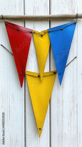 Colorful triangular metal pennants adorn a white wooden wall.